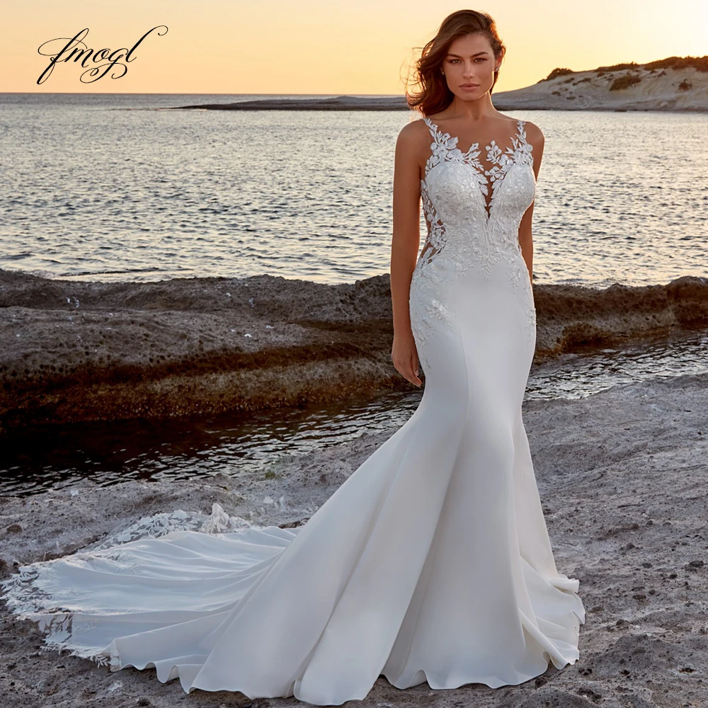 

Fmogl Атласные свадебные платья русалки Милая на тонких бретельках Vestido De Novia Платье невесты с вышивкой и аппликацией