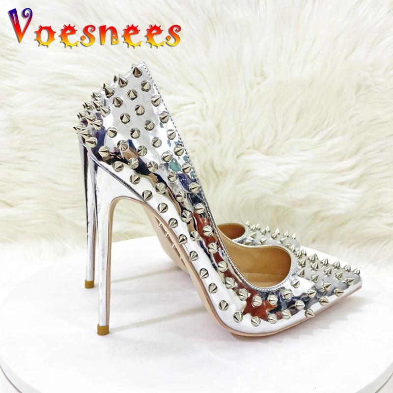 Women New Rivet High Heels 12CM Fashion Pointed Toe Party Single Shoes Europe And America Club Stage Pumps Silver Plus Size 43