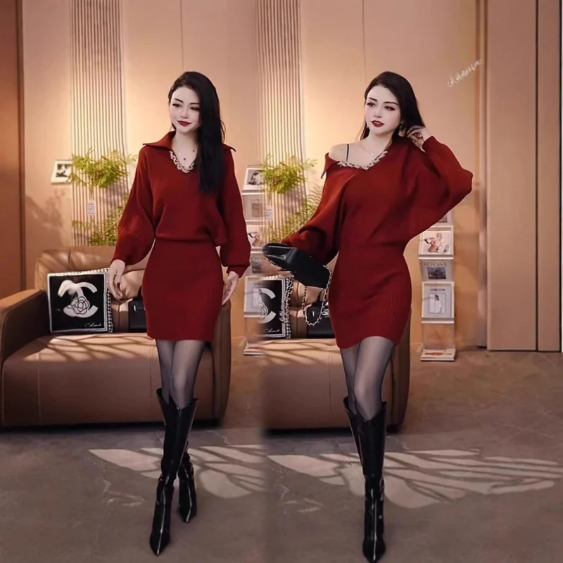 

New Sleeve Loose Knitted Dress Women, Elegant Waist-Cinching Slimming Versatile Sweater Bodycon Dress
