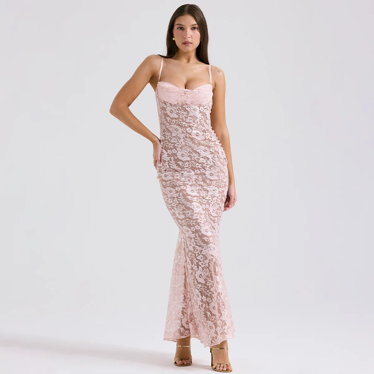 Sladuo Women Elegant Rose Pink Lace Godet Gown Maxi Dress Sexy Sleevless Spahetti Mermaid Long Evening Party Club Dresses