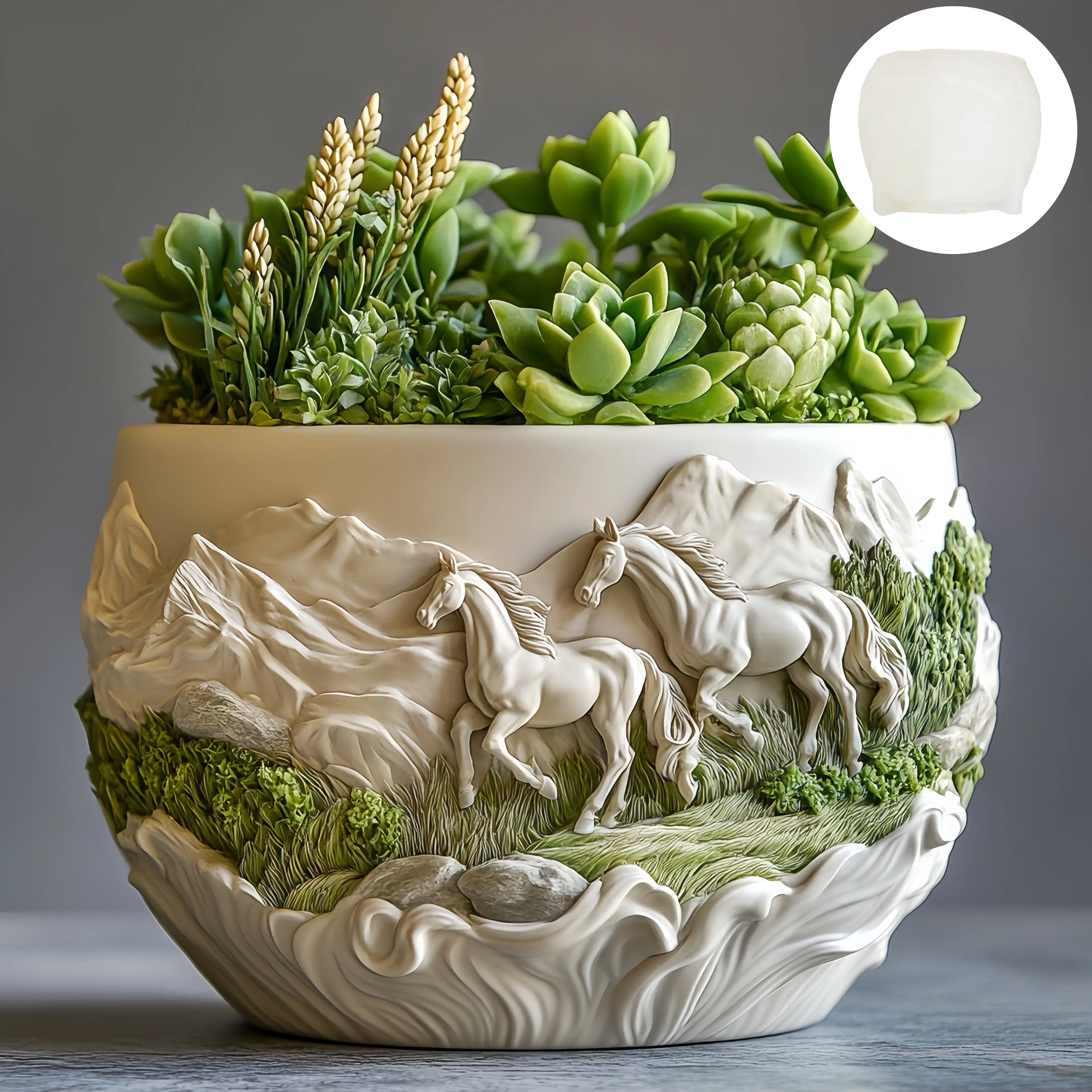 Étalon de course en relief plante succulente pot de fleurs résine silicone moule prairie cheval de guerre boîte de rangement moule cheval gypse moules