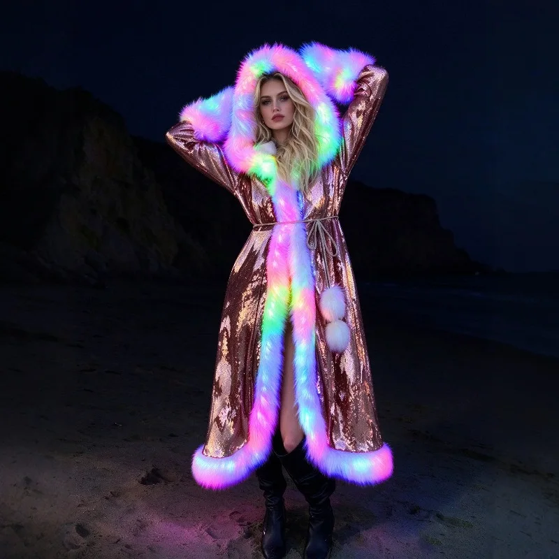 Women LED Sequin Hooded Long Coat Faux Fur Trim Light Up Jacket Christmas Carnival Party Costume Rave Festival Winter Warm