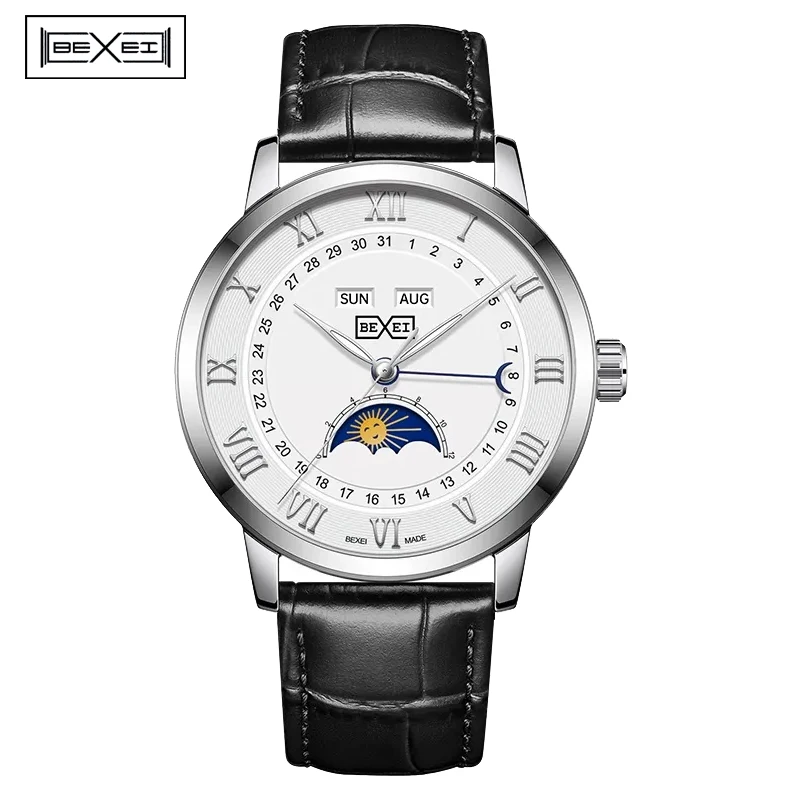 

BEXEI 9203 Автоматические механические мужские часы с сапфировым стеклом в деловом стиле с календарем и месяцем, роскошные мужские часы в день и ночь