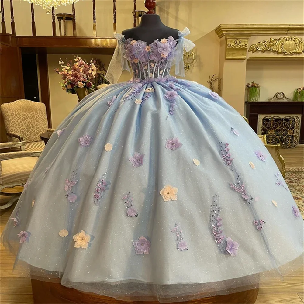 Charmoso sem mangas brilhante vestido de baile elegante apliques quinceanera vestidos 2024 clássico 3d flor apliques doce 16 vestido