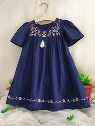 Toddler Girls Short Sleeve Flowers Embroidered Cotton Casual Princess Dress For Party Kids Summer Clothes