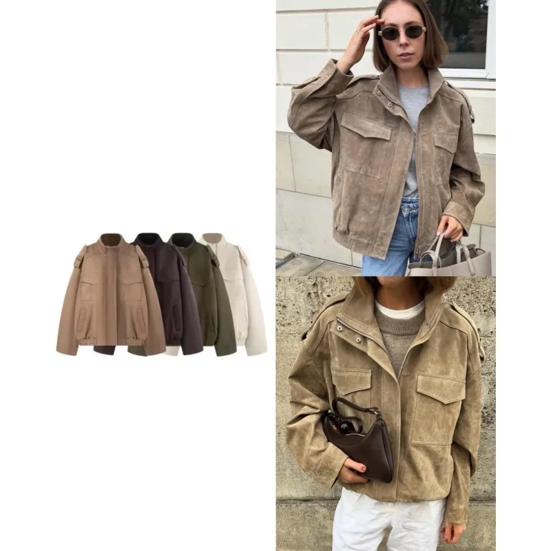 

Осень-зима, женская замшевая кожаная куртка, простые подплечники, высокий воротник, элегантное женское теплое пальто на молнии, шикарные женские топы