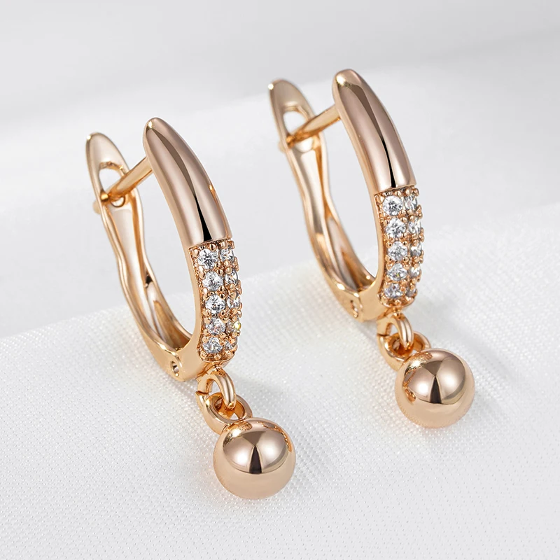 Wbmqda Fashion Metal Ball Drop Earrings For Women  585 Rose Gold Color With White Natural Zircon High Quality Daily Fine Jewelry