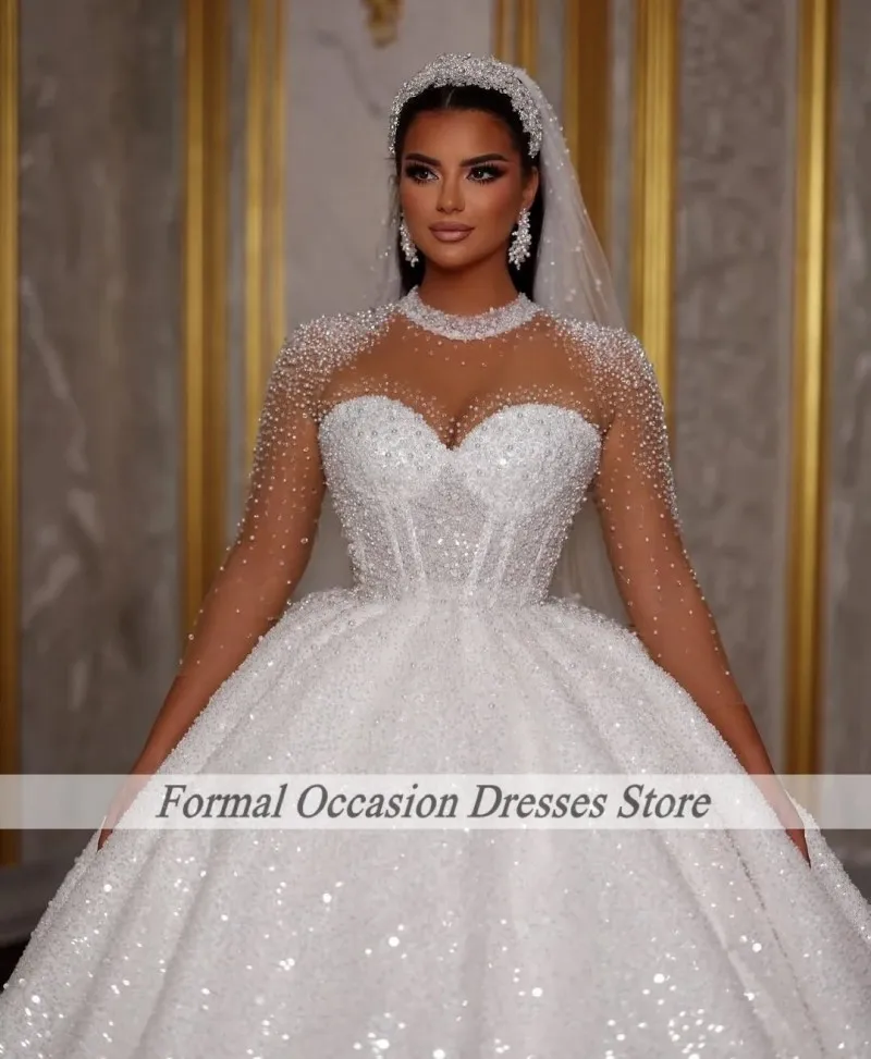 Womens Wedding Dresses 2025 Long Sleeves Sequin Beading Princess Dubai Bridal Gowns High Neck Luxury Bata Novia Customized