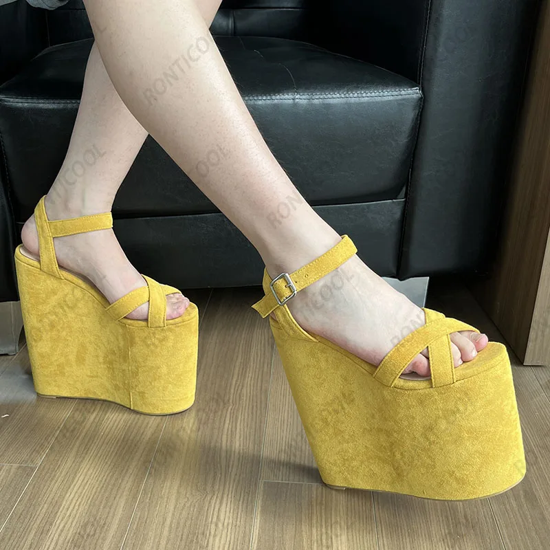 Ronticool New Arrival Women Platform Sandals Wedges High Heels Round Toe Elegant Black Cosplay Shoes Ladies US Plus Size 4-15