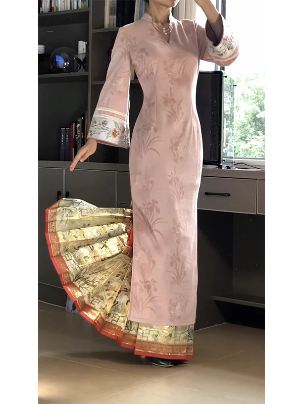 

Новая женская юбка средней длины в китайском стиле с розовой вышивкой, в национальном стиле, для повседневной носки, с длинными рукавами