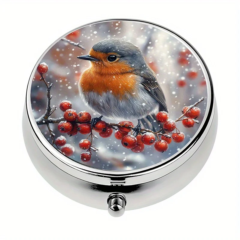 1-piece, three-compartment, winter robin-themed mini pill box, pill storage box, portable and unique gift