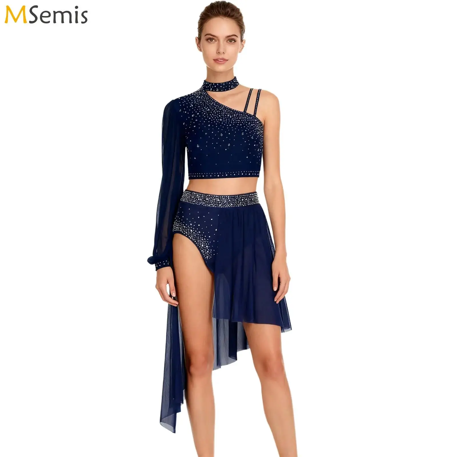 زي أداء الرقص الغنائي للسيدات، زي الرقص اللاتيني، قميص قصير من حجر الراين، شورت عالي الخصر مع تنورة #1