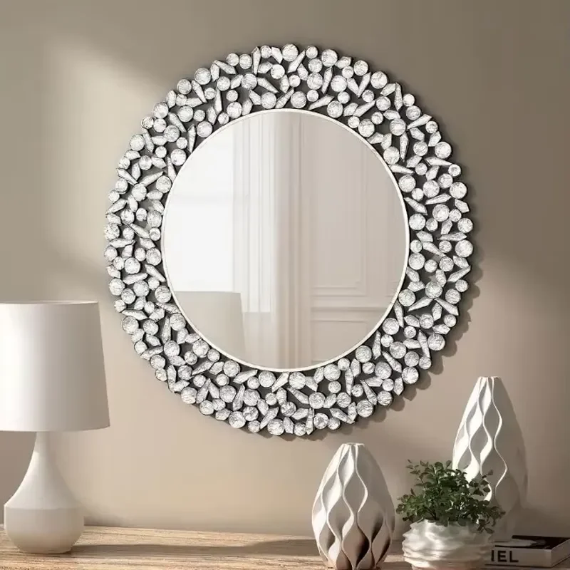 Modern Round Wall Mirror Silver Frame Crystal Accents Luxury Home Decor Elegant Bathroom Vanity Glass Reflective Surface