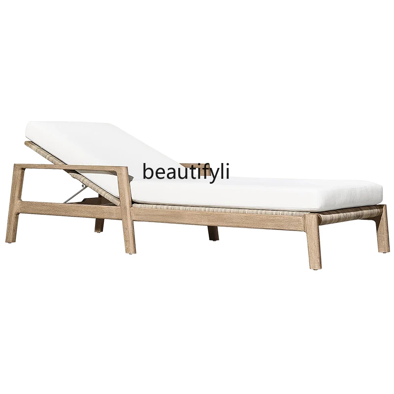 

Teak Sun Lounger Swimming Pool Lying Bed Anti-Corrosion Sunscreen Outdoor Hotel Sea View Log Rattan Recliner