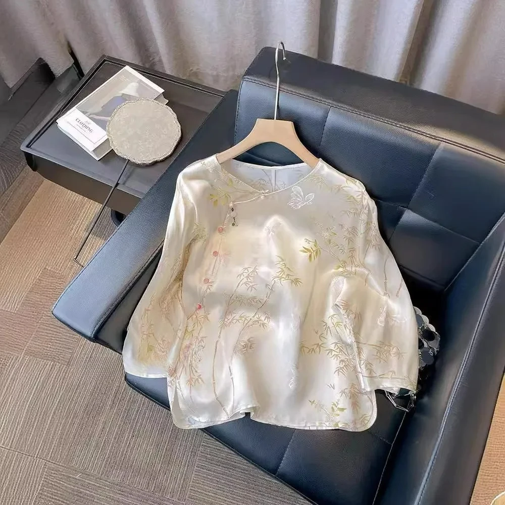 

Новая свободная рубашка с коротким рукавом и круглым вырезом в китайском стиле с бамбуковым принтом, женская летняя винтажная молодежная блузка XQ606