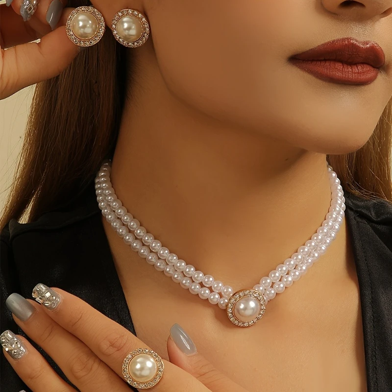 4-piece/set Retro Fashion Imitation Pearl Necklace Earring Set | Women's Simple Double-layer Fashion Jewelry