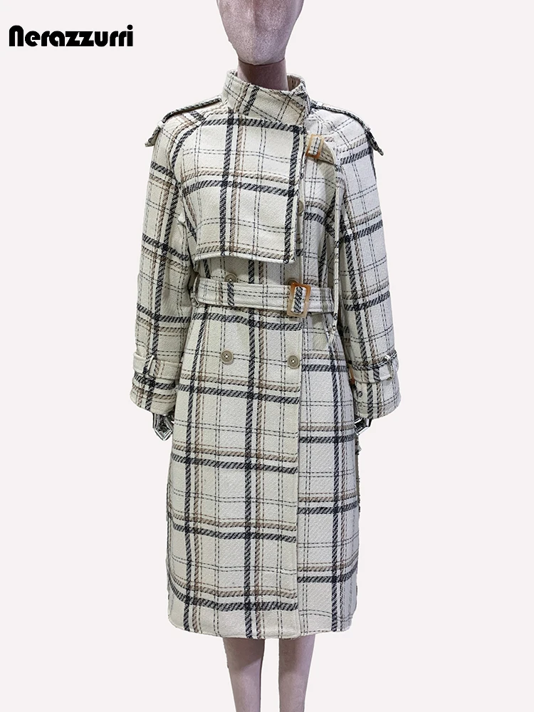 Lautaro Winter Long Warm Thickened Colorful Plaid Woolen Coat Women Belt Double Breasted Elegant Wool & blends Overcoat 2024