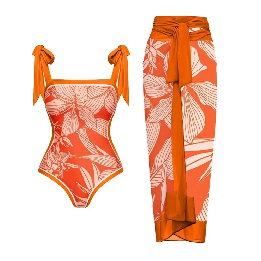 

Colorblock Beach Swimwear, Tie-Shoulder Printed Swimsuit, Sarong, High Waist Bikini, Backless, Trend, Fashion