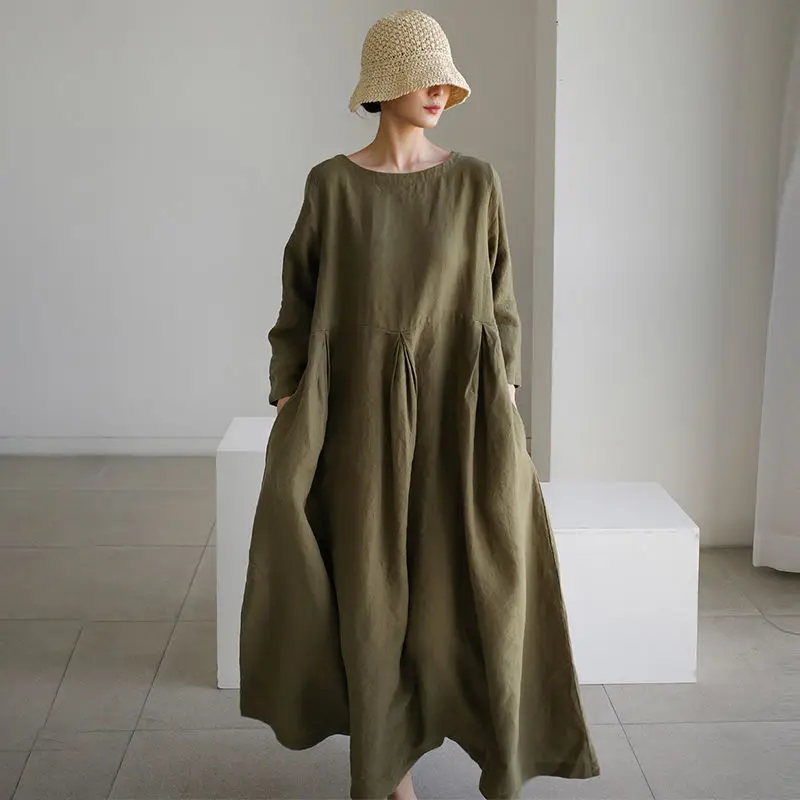 

Loose Cotton Linen Dress Women plus Size over Knee Crew Neck Pullover Long Skirt Vintage Style School Forest System Maxi Skirt