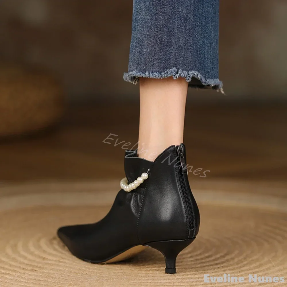 String of Pearls Kitten Heel Ankle Boots Women Pointed Toe Solid Leather Back Zipper Short Boots 2024 New Fashion Simple Boots