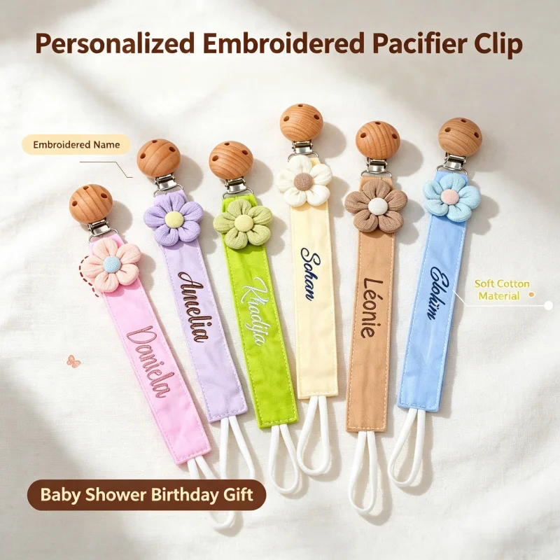 Personalized Custom Name Pacifier Clip Soother Holder 3D Flower Cotton Embroidered Pastel Colors Wooden Clip Baby Shower Gift