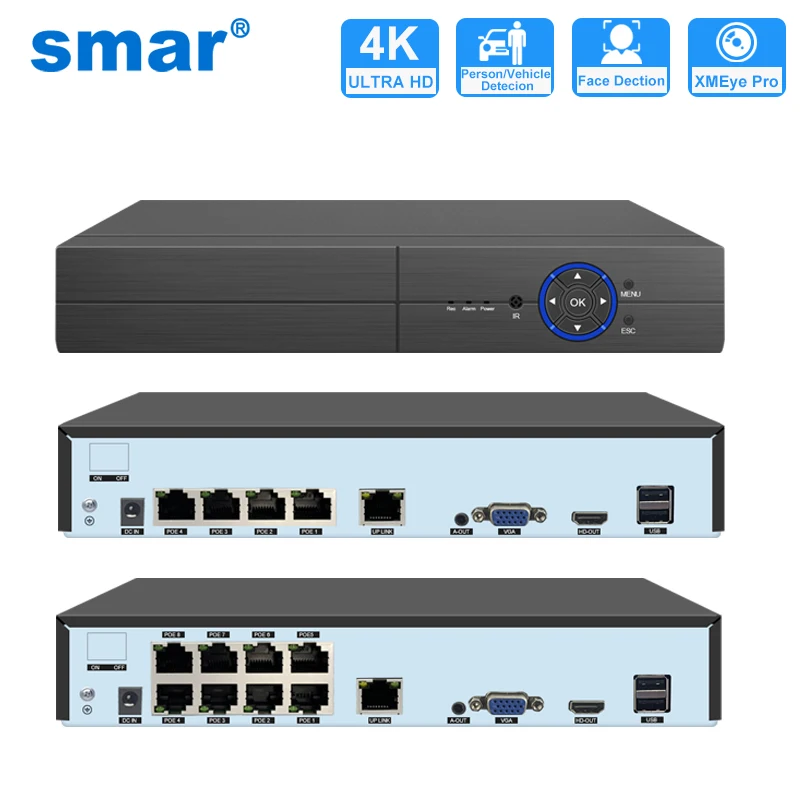 Smar 4CH/8CH/ 16CH POE Network Video Recorder H.265 POE NVR 4K Input Output Surveillance NVR Support Face Detecttion Onvif