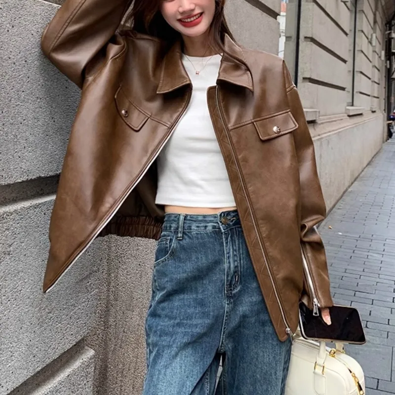 Giacca Americana in Pelle Marrone da Donna, Primavera Autunno 2026, Nuova Versione, Taglia Piccola, Inizio Autunno, Sensazione Premium