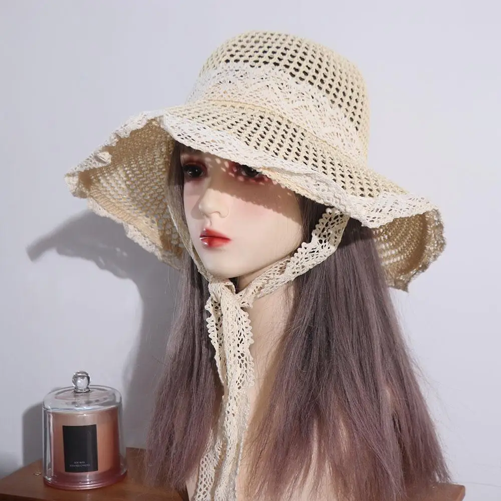 

Foldable Pastoral Style Women Straw Hat Spring Summer Lace Big Brim Sun Hat Beach Travel UV Protection Cap Female