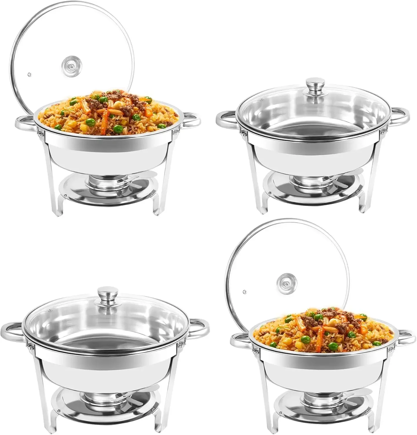 Dervipas Upgraded 4 Pack 5QT Chafing Dish Buffet Set, Stainless Steel Round Chafers for Catering with Glass Viewing Lid & Lid Ho