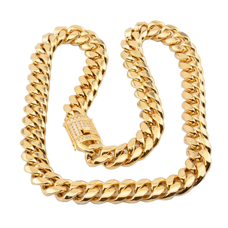 Mens Miami Cuban Link Chain 14k 18K Gold plated 8/10/12/14/16/18mm Stainless Steel Curb Necklace with cz Diamond Chain Choker