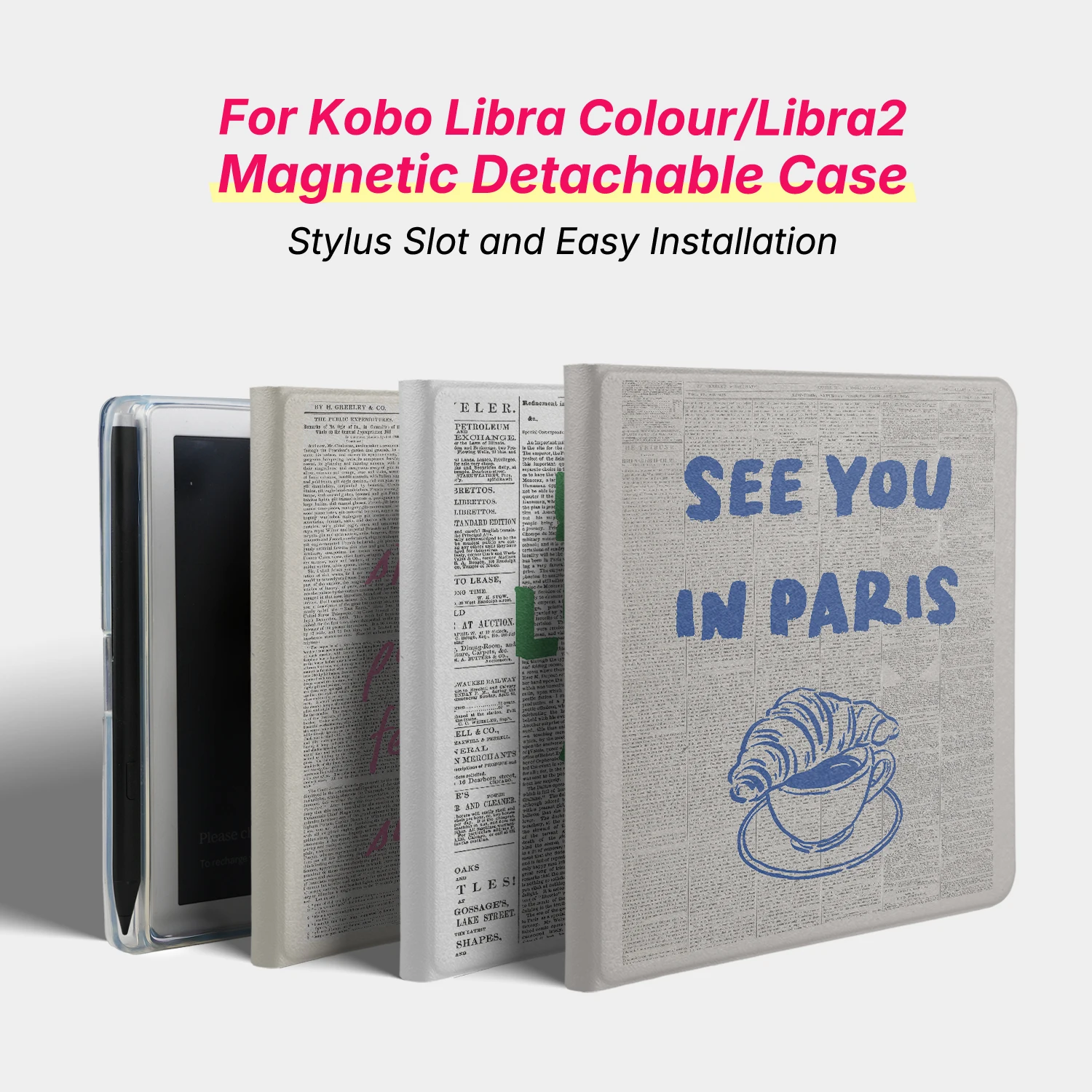 Murmole for Kobo Libra Colour Libra2 Detachable Magnetic Case Cover Acrylic Clear Back Sleep Old Newspaper