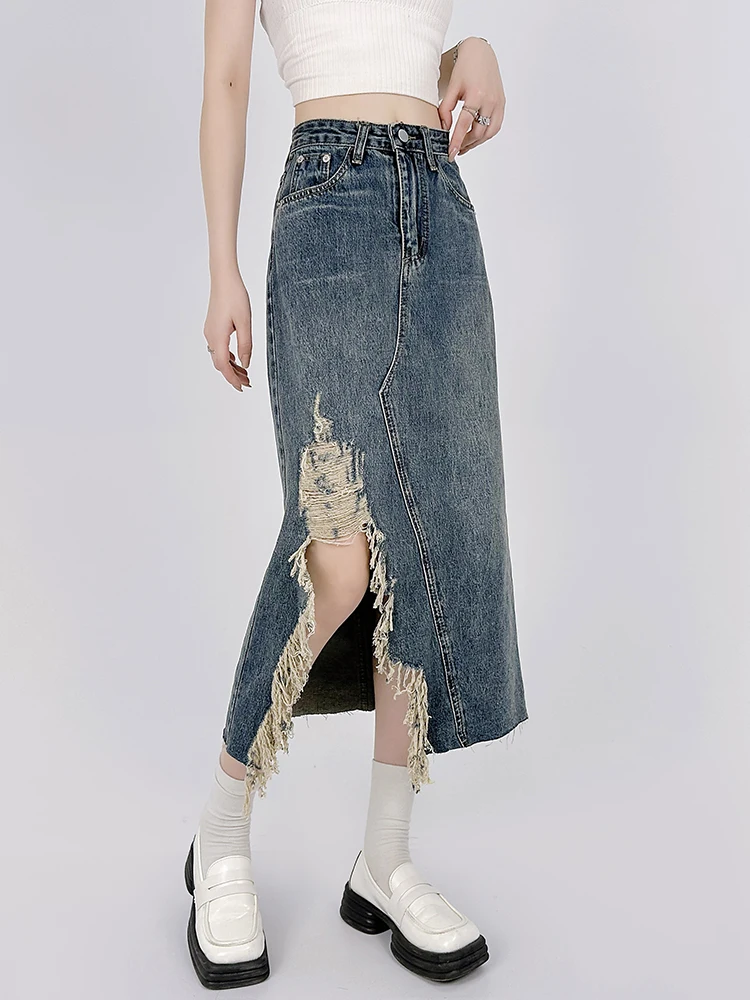 Asymmetrical Skirts Women Frayed Slit Denim Slim Daily Fashion Leisure Hotsweet Harajuku Streetwear Washed All-match Students