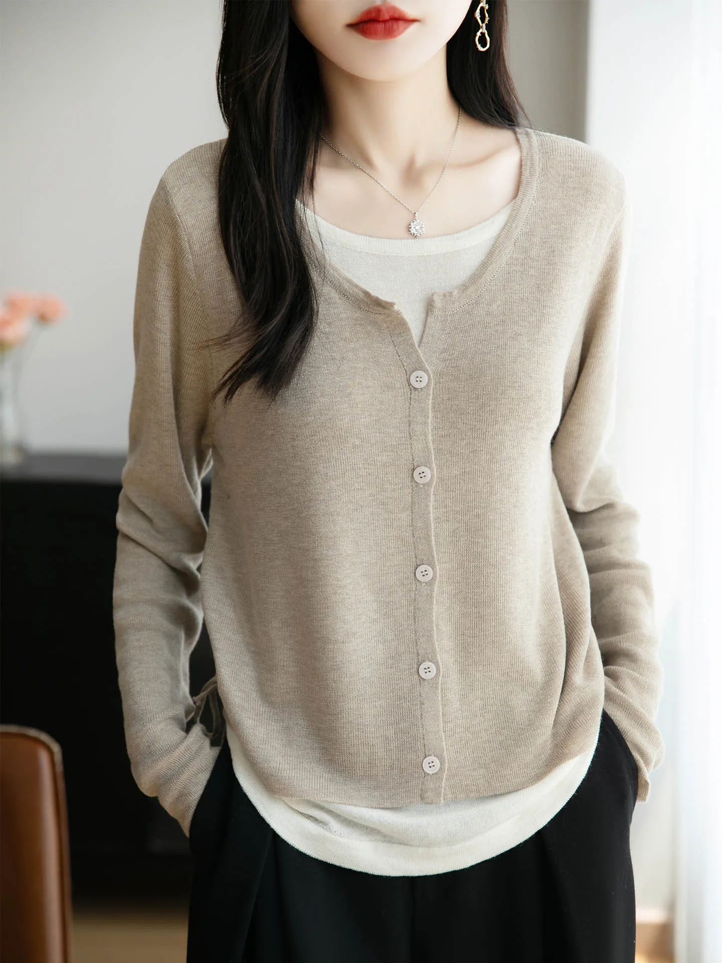 Autumn and Winter Two-Piece Tops Merino Wool Women's Knitwear Round Neck Pullover Color-Blocked Two-Piece Sweater