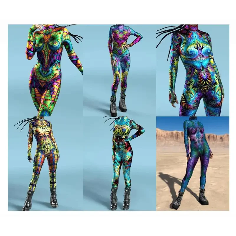 다채로운 3D 인쇄 CyberPunk 레인보우 점프 슈트 할로윈 휴일 파티 코스프레 의상 탄성 바디 슈트 Rompers Women Zentai