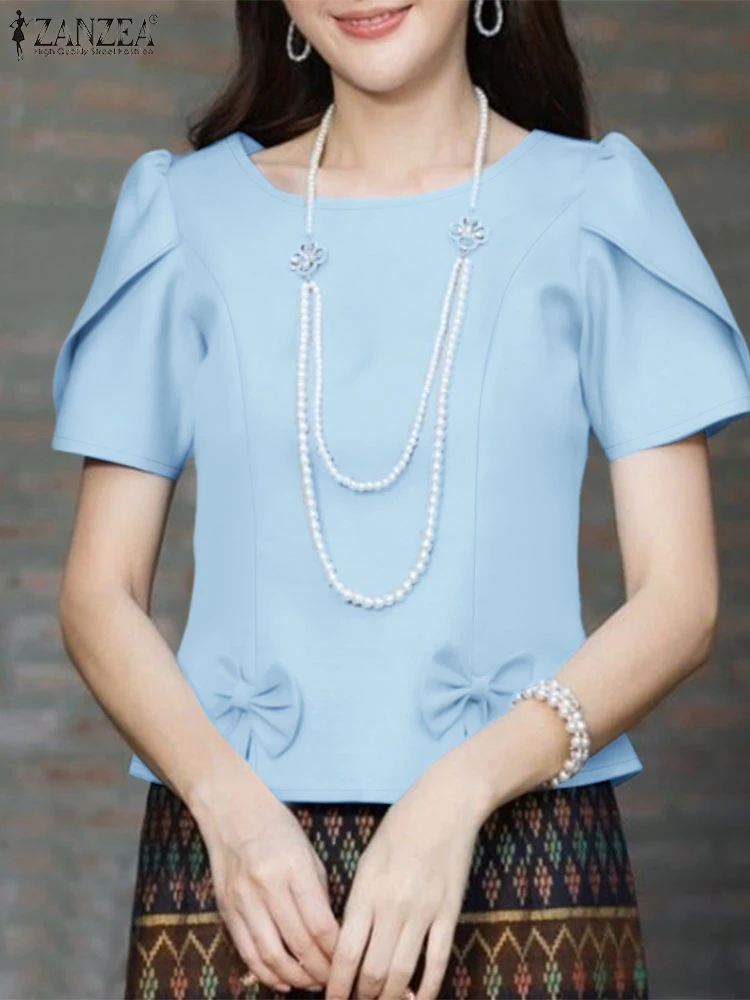 

ZANZEA Summer Elegant Shirts 2025 Women Solid Work OL Blouses Casual O Neck Short Sleeve Slim Fit Blusas Fashion Holiday Tops