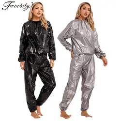 Mens Womens Sweat Sauna Suit Long Sleeve PVC Tops Pants Set Weight Loss Heavy Duty Running Exercise Gym Clothes Set