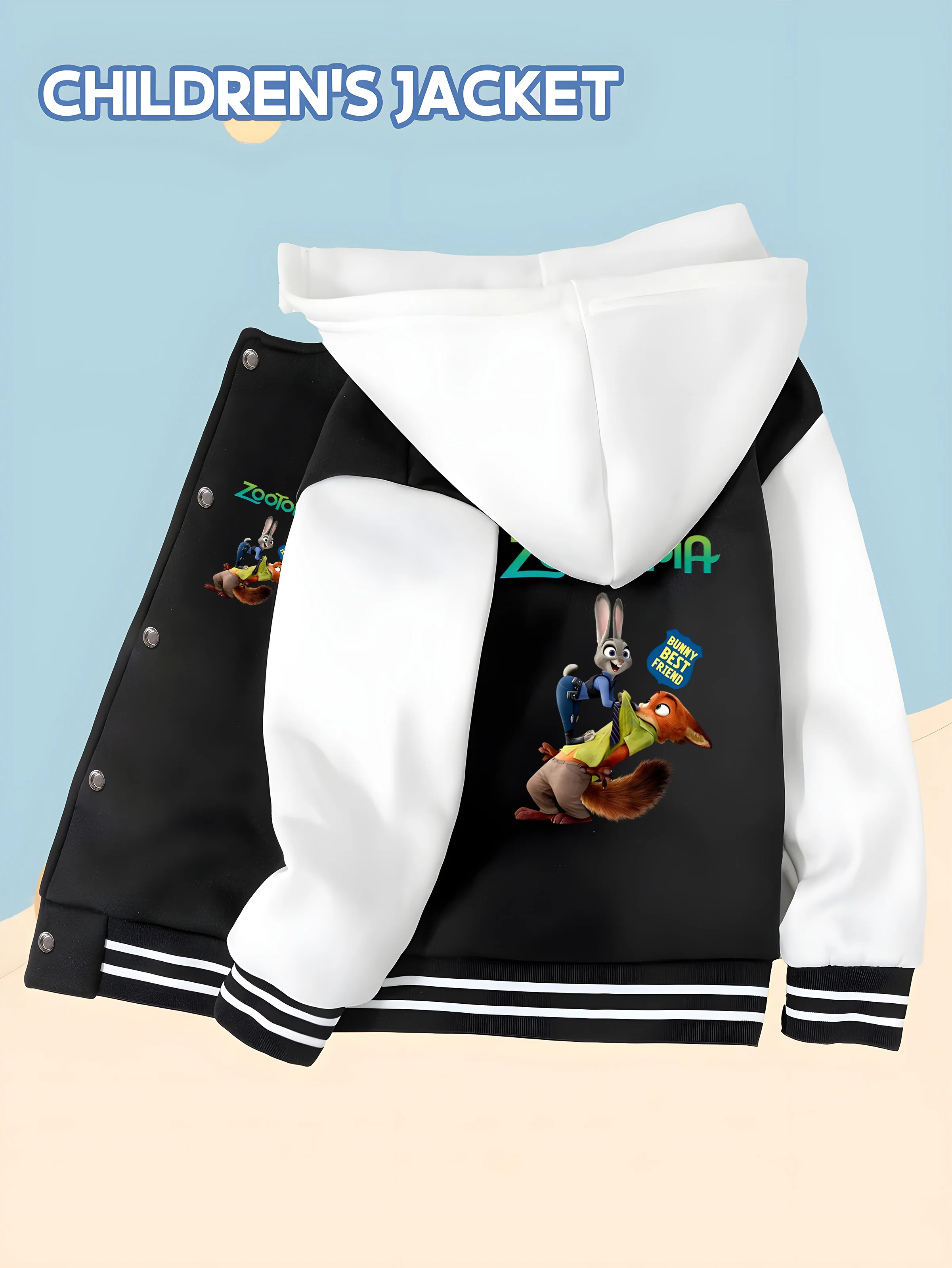 

MINISO Disney Zootopia Baseball Jacket for Boys - Double-sided Nick and Judy print, perfect for outdoor activities, soft fabric