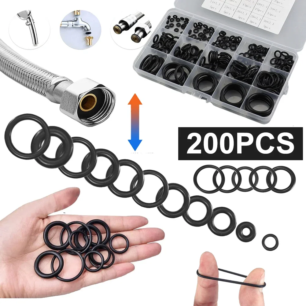 200 Stück Gummi-O-Ring-Set, Dichtungen, Dichtung, Nitril-Gummibänder, Hochdruck-O-Ringe, Reparaturset, Dichtung, elastisches Band, O-Gummiringe