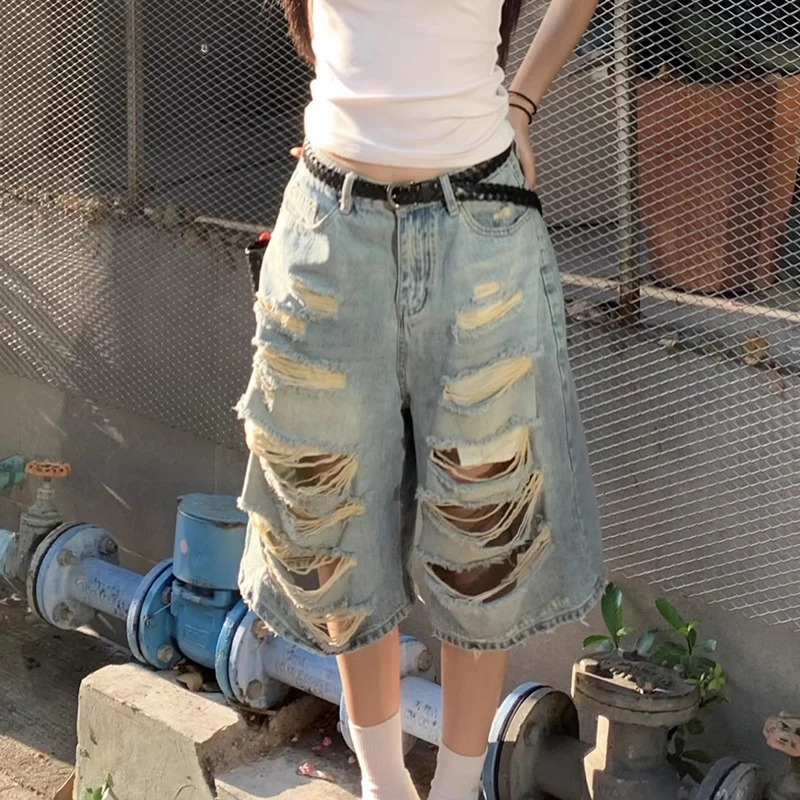

Y2K Streetwear Hole Jeans Women American Vibe Summer Loose Straight Denim Cropped Pants Hotsweet High Street Washing Trousers