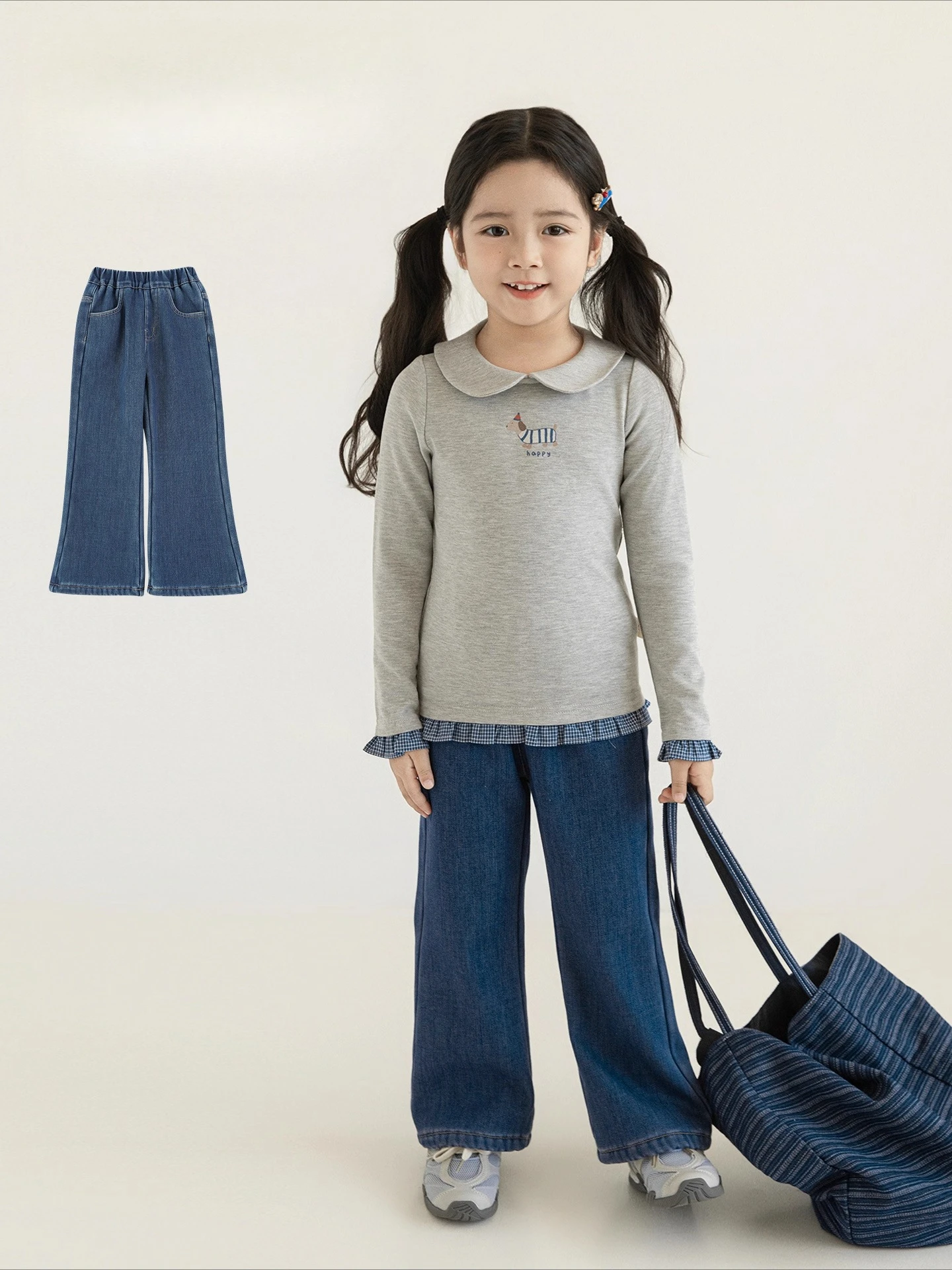 

Girls 2025 Vintage Denim Flare Pants Thermal Fleece Lined Colorfast Retro Bell Bottom Warm Trousers Kids 1-7 Years