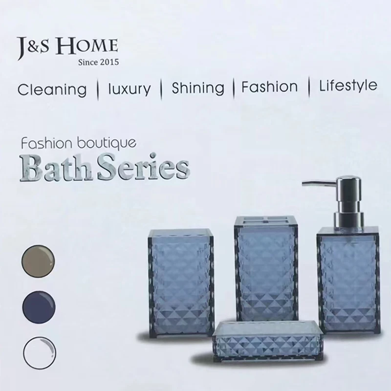 Diamond Bathroom 4 Piece Set, Toothbrush Cup, Press Dispenser Bottle, Categorized Storage, Boutique Design