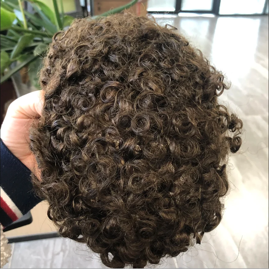 男性用ナチュラルカーリーヘアシステム,検出できない薄い肌のトーピー,ブロンドブラウンのvloopedヘアシステム,100%, 18mm, 0.06mm