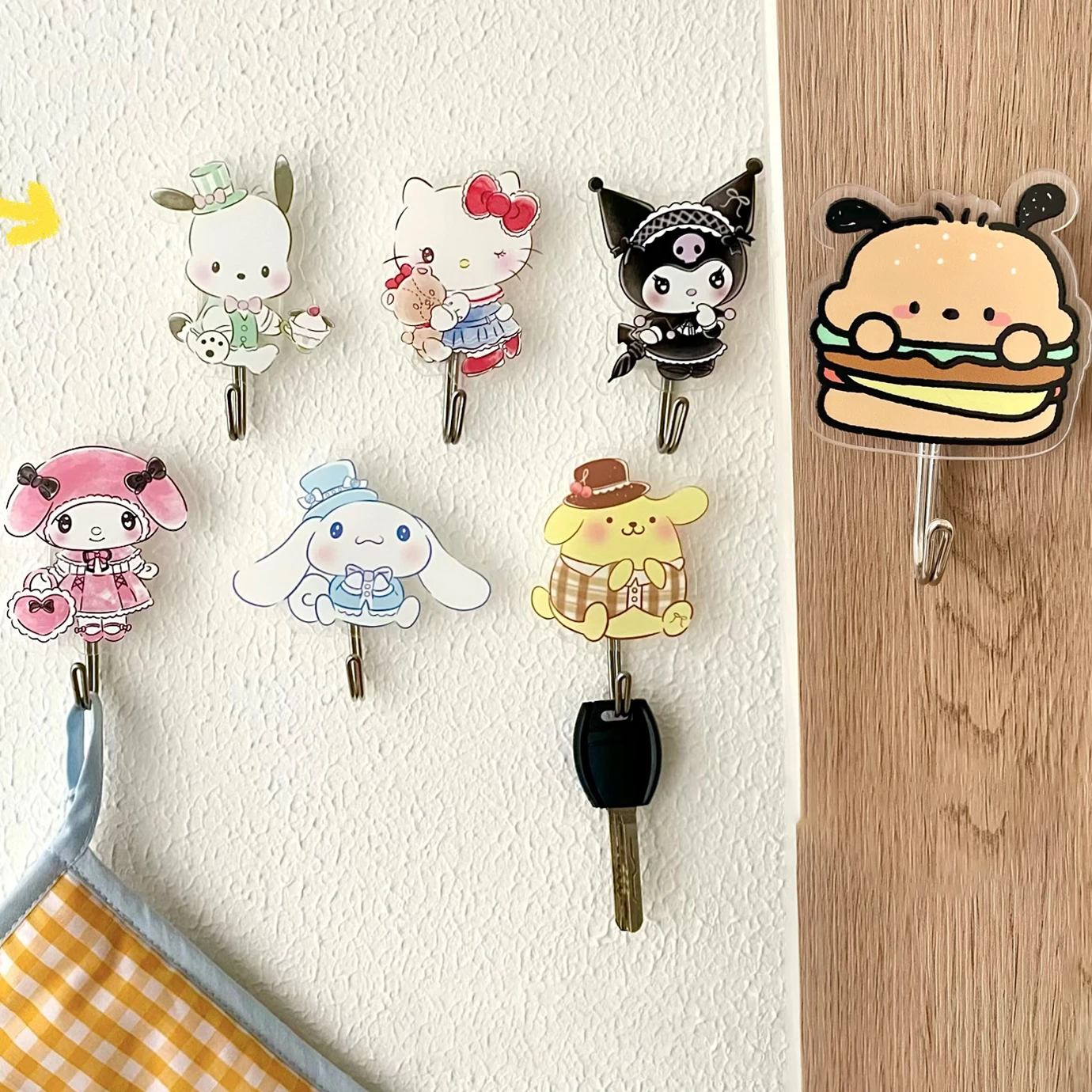 3PCS Sanrios Mymelody Cinnamoroll Kuromi Cartoon Strong Self Adhesive  Towel Hook kawaii Anime acrylic Doll Key Storage Hanger