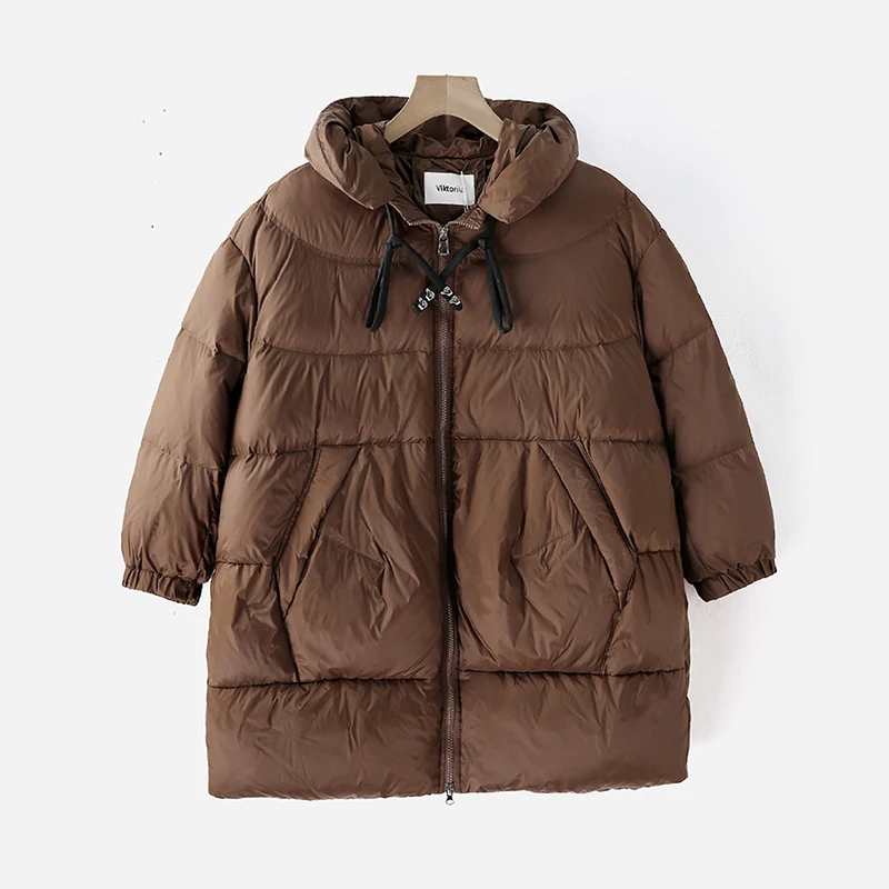 Winter Hooded Loose Mid Length Down Jacket Women White Duck Down Solid Waterproof Parker Outwear Female Thick Warm Pocket Jacket