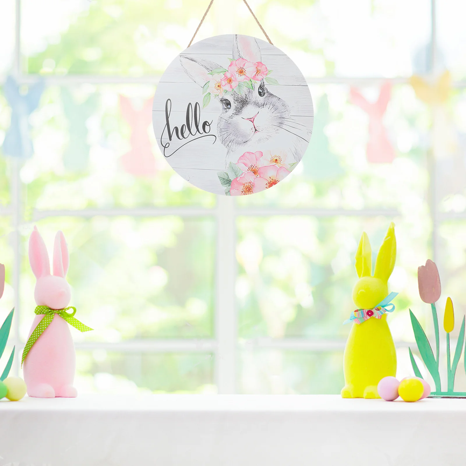 

Round Easter Wood Sign Welcome Plaque Hanging Door Decor for Front Porch Wall Garden Indoor Outdoor Holiday Scene Decoration