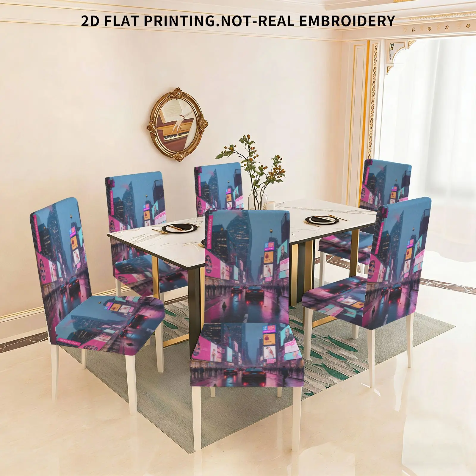 Flat print elastic dining chair set, cyberpunk style urban rainy night street scene pattern, removable dining chair cover