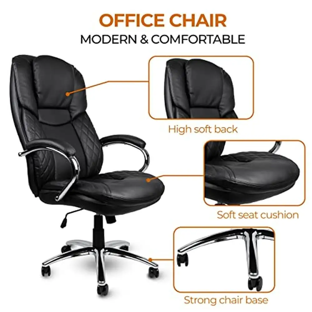 High Back Big and Tall Executive Office Chair PU Leather 400lbs Capacity Adjustable Swivel Tilt Rocking Mode Stainless Steel