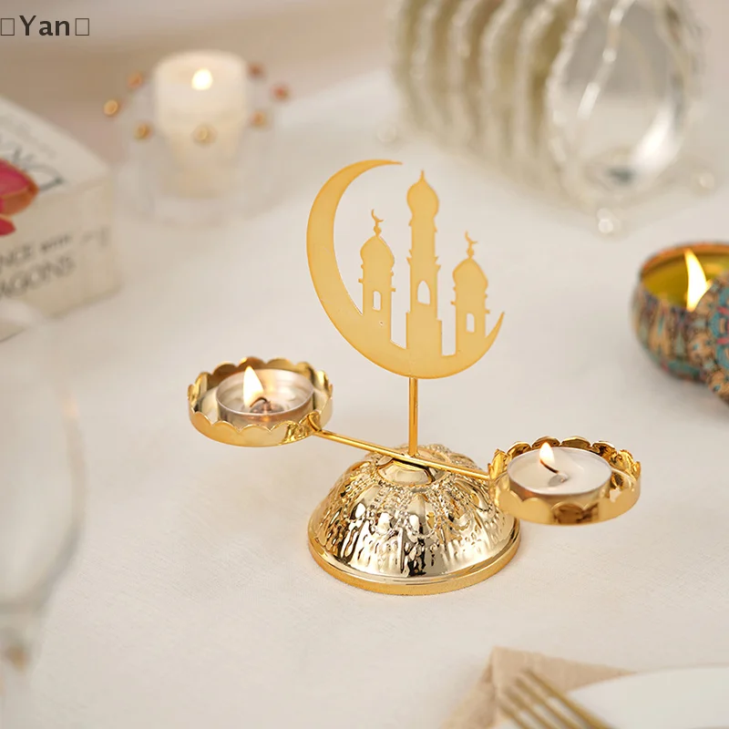 Ramadan Decoration Eid Mubarak Candles Holder Gold Metal Candlestick Muslim Festival Party Home Dining Table Ornament Craft