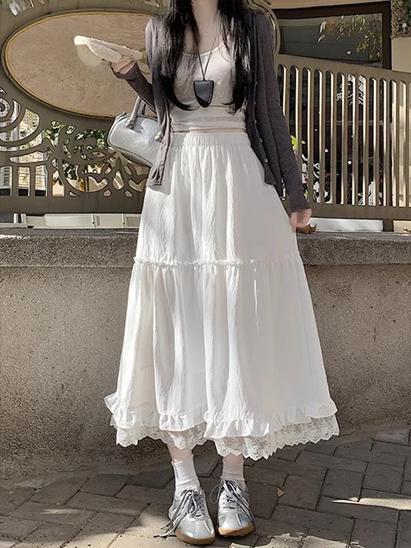 

Elastic High Waist Midi Skirt Sweet Lace Trim Women's Faion Spring Summer Bla Gentle Flower f-length Skirt