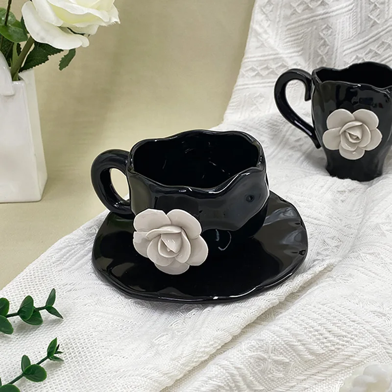 Small fragrance French hand embossed camellia coffee cup ceramic mug Niche breakfast milk cup butterfly set